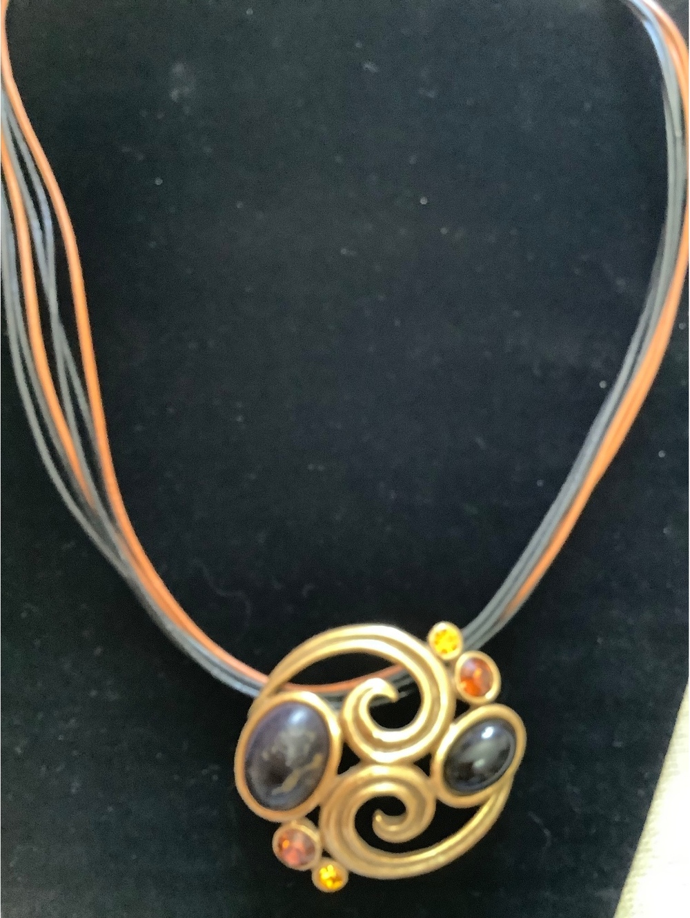 Chico’s Gold Tone Swirl Pendant Necklace Black Brown Amber Stones Multi Cord